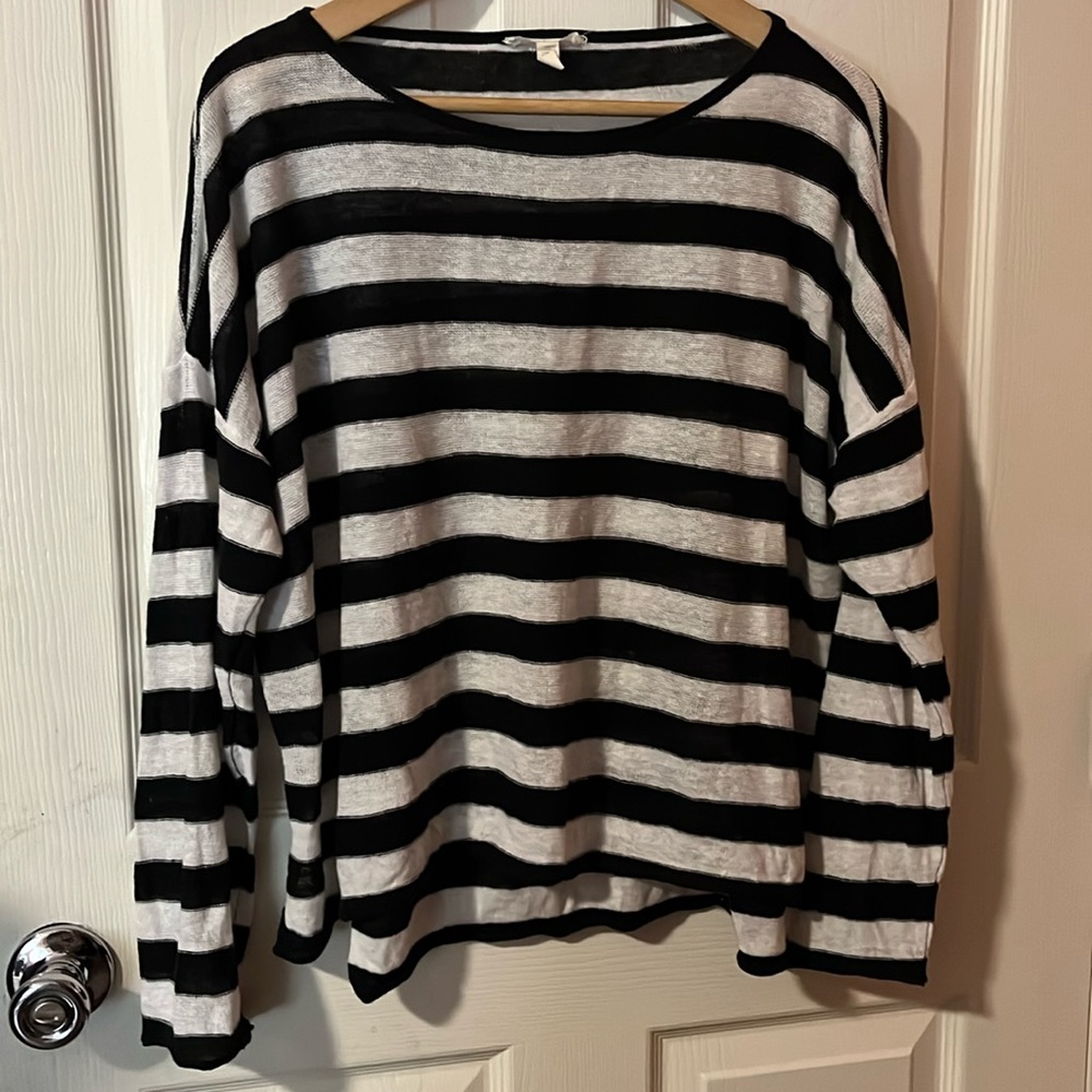 Eileen Fisher Organic Linen Black and White Stripe Cropped Long Sleeve Top
